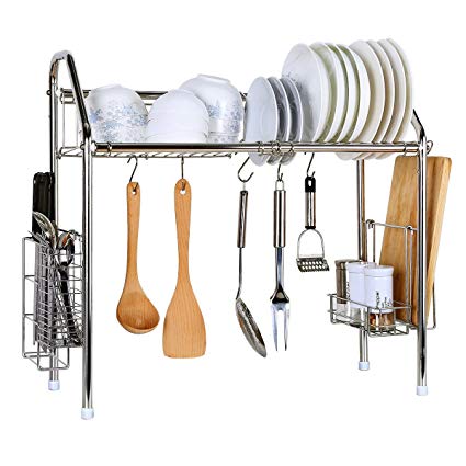 CreaTwo Single Tier Stainless Steel Dish Rack Adjustable Dish Drainer Over Sink Kitchen Storage Shelf for Single Groove Silver