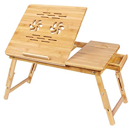 SONGMICS ULLD001 Bamboo Laptop Desk Serving Bed Tray Breakfast Table Tilting Top with Drawer