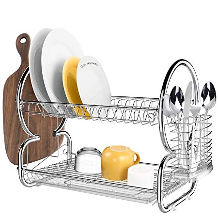 BATHWA 2-Tier Stainless Steel Dish Rack Drainer Board Set Dish Drying Rack 17L x 10W x 15H Inches (2-Tier)