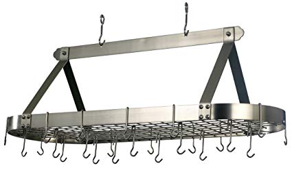 Old Dutch Oval Hanging Pot Rack with Grid & 24 Hooks, Satin Nickel, 48 x 19 x 15.5