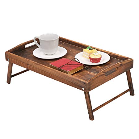 Country Rustic Torched Wood Food Serving Tray, Breakfast in Bed Table with Folding Legs