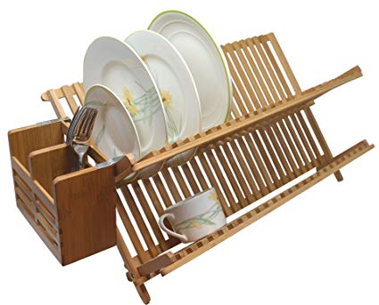 GinsonWare Bamboo Scissor Style Folding Dish Rack W/Flatware Holder Set.