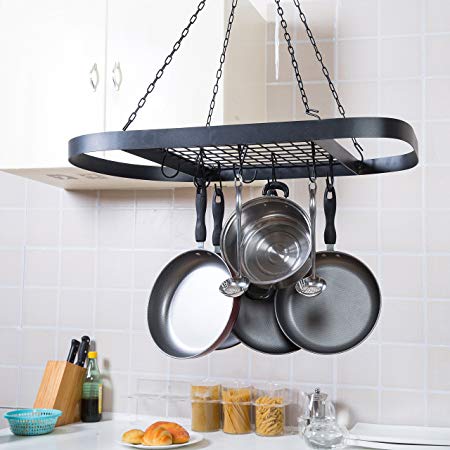 Black Metal Ceiling Mounted Oval Pot Rack, Hanging Cookware Organizer with Wire Grate Shelf