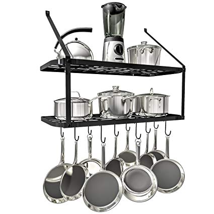 VDOMUS Shelf Pot Rack Wall Mounted Pan Hanging Racks 2 Tire (black)