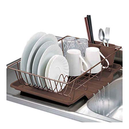 Home Basics 3-Piece Kitchen Sink Dish Drainer Set White, Bronze (BRONZE)