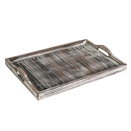 Rustic Torched Wood Breakfast Serving Tray & Coffee Table Accent Platter with Cutout Handles, Brown